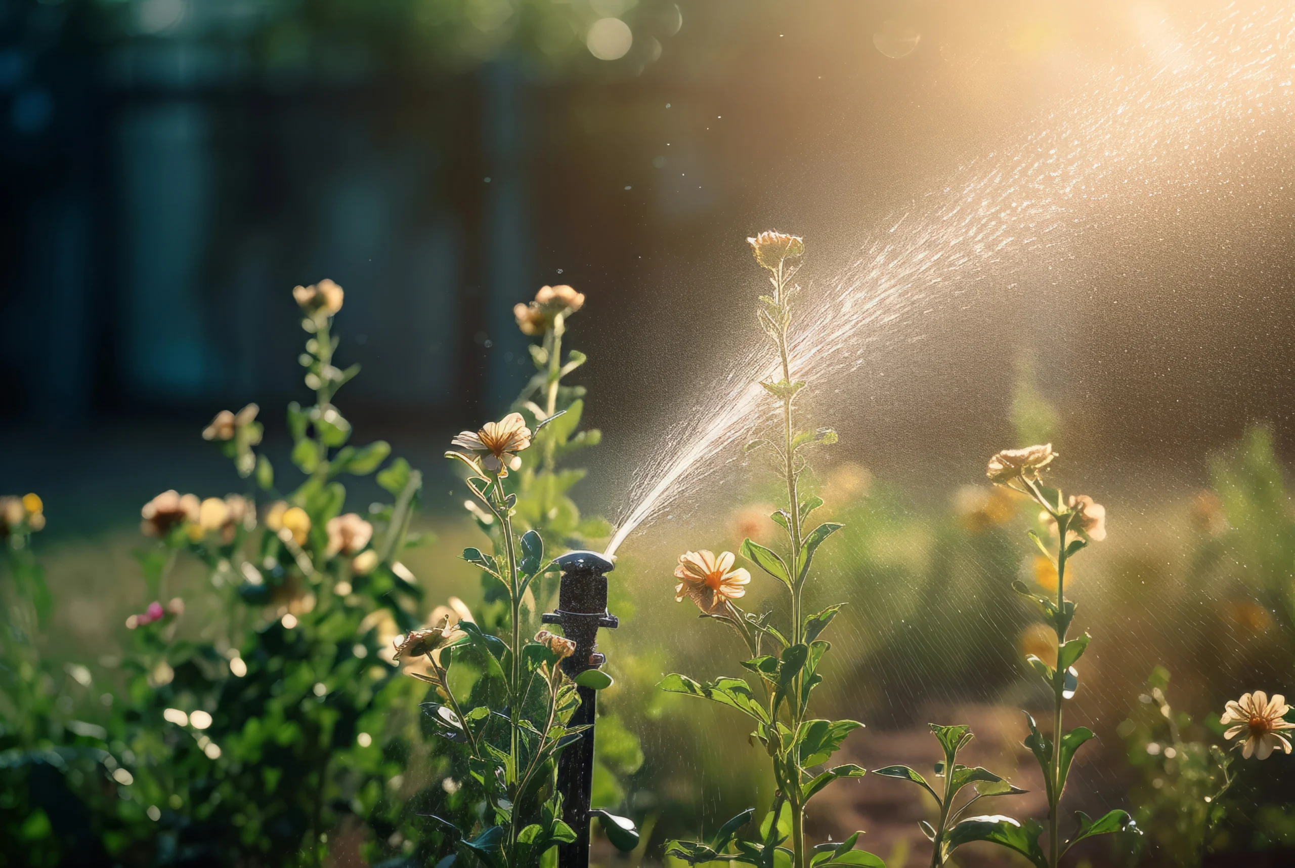 sprinkler in garden with plants