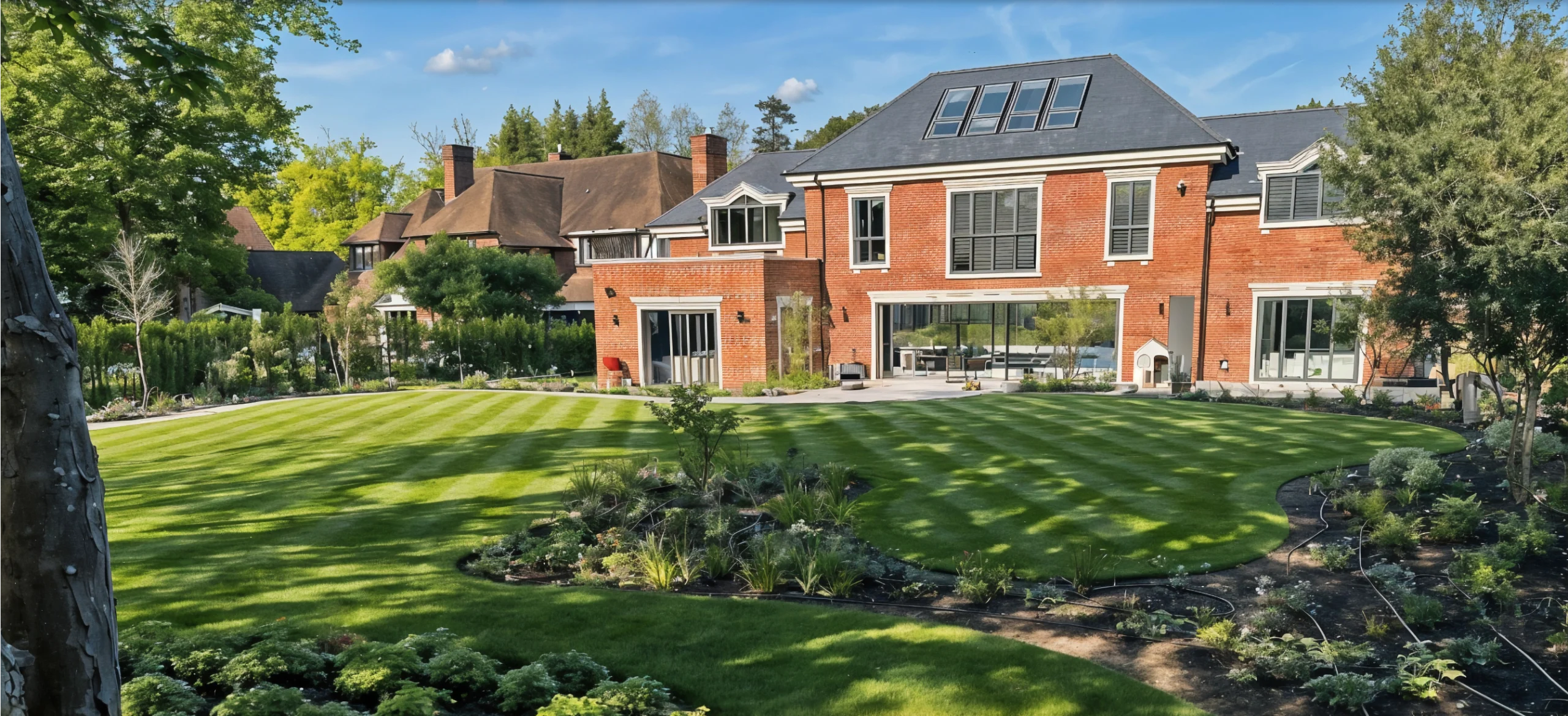 completed garden build with large house