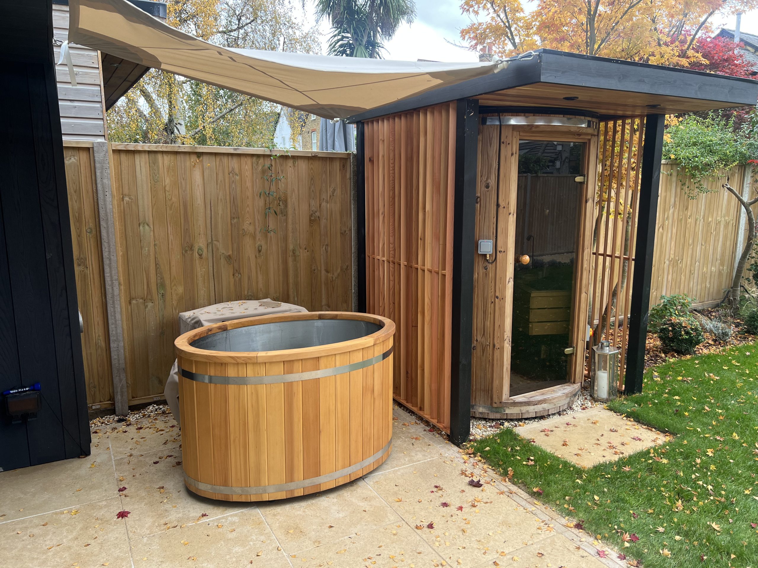 outdoor sauna build with cold plunge